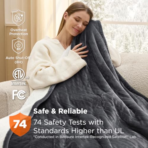 Image of Bedsure Heated Blanket Throw XL, Electric Blanket with Preheat, Dark Grey