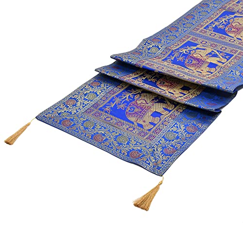 Image of E-EZRA Decorative Dining Table Runner Silk Runners Ends Tassels on Both Sides Banarasi Brocade Silk Tablecloth Decorative 6 Seater Runner Long Size 16x60 Inch (Royal Blue)