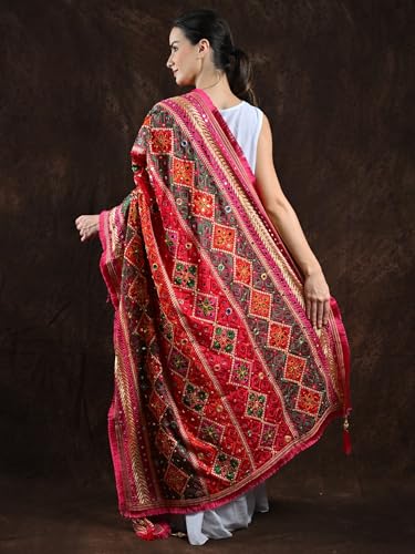 Phulkari Dupatta/Chunni For Women's from Punjab with Multicolor Thread Embroidery and Bead-Mirror Work4