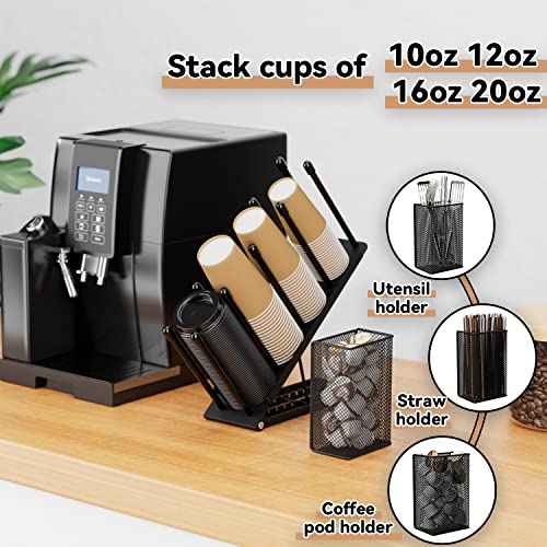 Ovicar Cup And Lid Holder - Adjustable Coffee Cup Holder Organizer 4 Compartment Disposable Cup Dispenser With Coffee Pod Straw Storage Basket For Coffee Station Bar Countertop Breakroom Metal Black #TOP2
