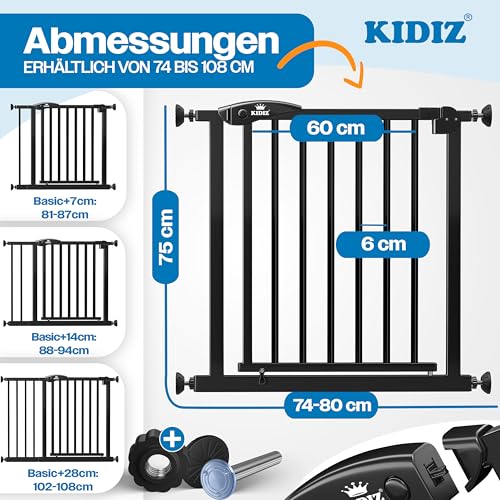 KIDIZ Treppenschutzgitter ohne Bohren | Verstellbare Breite: 74-80 cm, 75 cm hoch, Türschutzgitter und Absperrgitter für Kinder und Hunde, Beidseitige Einhand Öffnung, 90° Open-Stop System, Schwarz