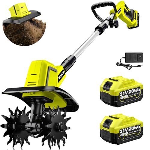 Powerful Cordless Tiller Cultivator with 720RPM Brushless Motor, 2x5.0Ah Batteries&1.5A Fast Charger, 10In Tilling Width and 7In Depth, Super Power Electric Garden Tiller Battery Powered
