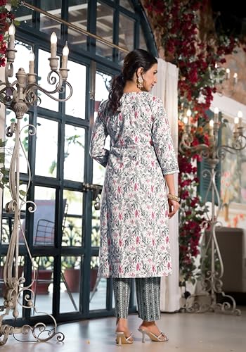 Image of MIRCHI FASHION Women's Straight Fit Pure Cotton Jaipuri Floral Printed Sequins Thread Work Kurta Set with Dupatta and Trouser