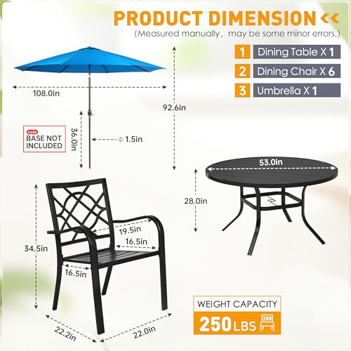 Image of SUNCROWN 8-Piece Outdoor Wrought Iron Chairs and Table Patio Dining Furniture Set-6 Stackable Metal Chairs, 1 53 inch Round Bistro Table and 1 Sky Blue 9Ft Patio Umbrella for Garden Backyard Deck
