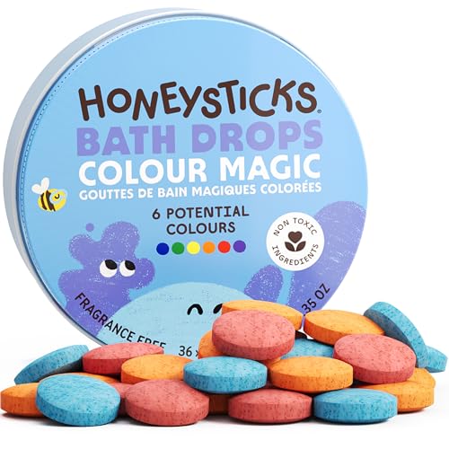 Honeysticks Bath Color Tablets for Kids - Non Toxic Bathtub Drops Made with Natural Ingredients and Food Grade Colors - Fragrance Free - Fizzy, Brightly Colored...