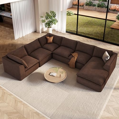 Image of Vesgantti 141.7 inch Oversized Boneless Modular Sofa, Contemporary 7 Seat Sectional Couch with Chaise, Convertible Deep Seat Corduroy Cloud Couches for Living Room, No Assembly Needed, Dark Brown