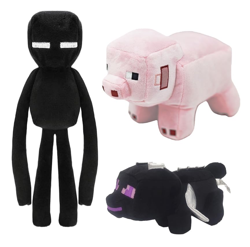 3pcs Character Dolls, 16.9' Enderman, 9.8' Baby Pig, 9.8' Ender Dragon Plush Toy, Stuffed Animals Toys, for Boys Girl Fans Birthday Christmas New Year Gift, Collectible Game Plush