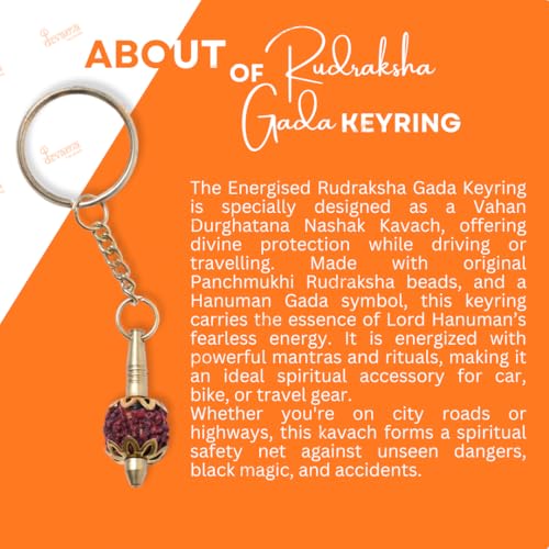 Image of Brass Gada Keyring with Rudraksh /Hanumanji Mace - Lord Hanuman Inspired Key Chain for Car, Bike & Home - Spiritual Religious Gift Accessory