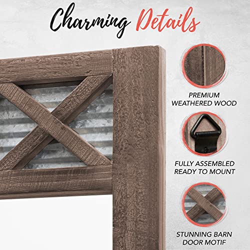Autumn Alley Farmhouse Bathroom Mirror - Rustic Mirror - Vanity, Bathroom And Bedroom Mirror Wall- Country Farmhouse Decor, Mirror Barn Door Wood, Galvanized Metal, Small Size: 20" X 28", Brown #TOP3