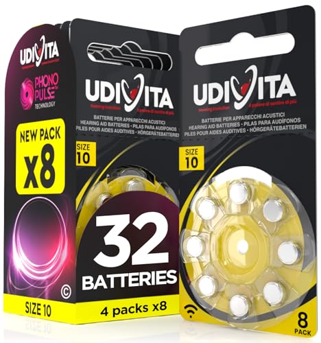 32 Hearing Aid Batteries Size 10 Udivita (Yellow) PR70 Zinc-Air with Phono Pulse Technology - 4 Blisters of 8 Batteries