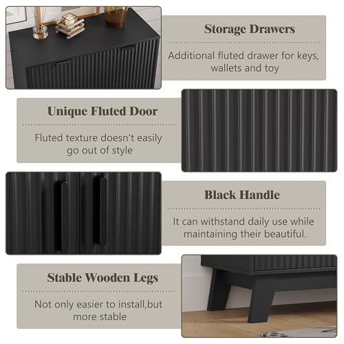 Image of Shoe Cabinet Storage for Entryway, 4 Tier Fluted Shoe Storage Cabinet with 2 Drawers, Narrow Hidden Shoe Organizer with Adjustable Shelves, Freestanding Shoe Rack for Entryway, Hallway, Black
