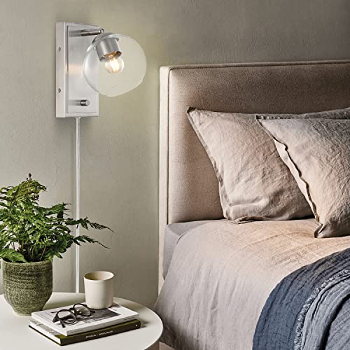 Image of JONATHAN Y 6 inch Nickel 1-Light with Clear Globe Modern Wall Sconce, Plug-in or Hardwired LED Adjustable Wall Light with Dimmer Switch, Clear Glass Globe Shade, Mid-Century Lamp (JYL7567B)