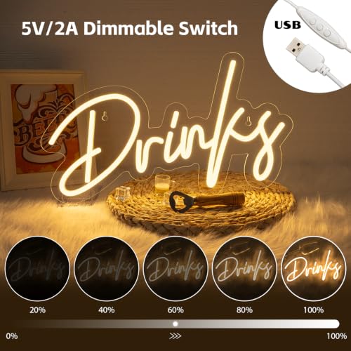 Image of Looklight Drinks Neon Sign,Letters Bar Neon Light,Led Neon Signs for Wall Decor,Warm White Neon Light Sign,USB Light Up Sign for Kitchen Restaurant Bar Cart Accessories Christmas
