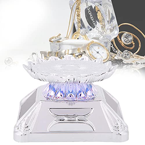 Watch Phone Jewelry Ring Display Stand, Solar Showcase LED Light 360 Rotating Turntable Tray Cake Turntable Rotating Display Turntable Auto Flashing Color Show Stand Lighted Display Plate(Silver)
