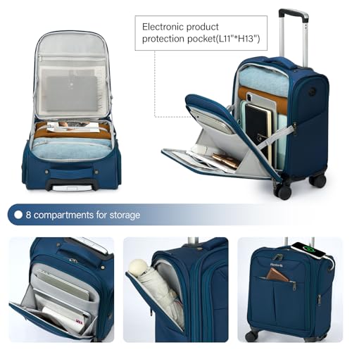 Image of Hanke 45CM Small Soft Shell Cabin Trolley Bags, 8 Silent Spinner Wheels,Charging Port, 8 Storage Compartments, Lightweight Compact Carry-On Luggage for Short Trips & Overnight Use,Blue