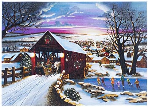Oak Street Winter Snow Covered Red Barn Bridge with Sun Rising Over Town LED Light Up Canvas Wall Art Picture 8"x6" Inches