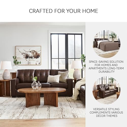 Image of Signature Design by Ashley Queen Pull Out Couch, Leather & Faux Leather | No assembly required for quick setup, 100% top-grain leather touch cushions, 4-in memory foam pull out bed, Santorine Series