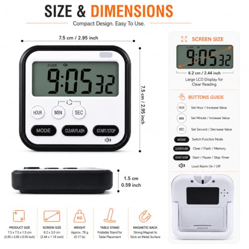 Image of Digital Kitchen Timer, Loud Alarm, Large LCD Display, Countdown Timer, Stopwatch, Magnetic Back, Foldable Stand for Kitchen, Cooking, Study & Office (Black with White)