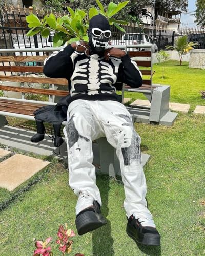 Vamtac Skeleton Sweater Skull in Front Oversized Graphic Pullover Vintage Fall Halloween Y2K Long Sleeve Sweaters Unisex2