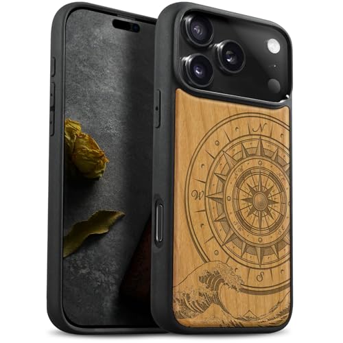 Coque bois iPhone 17 Pro étui antichoc gravé boussole idéal pour voyager