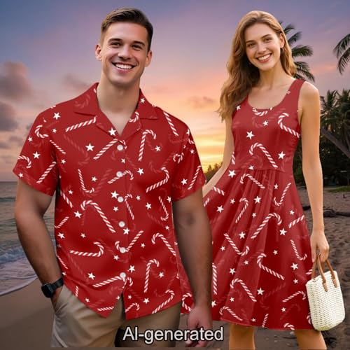 Image of Dreaweet Summer Dresses for Women A-Line Sleeveless Flowy Sun Dresses,Men's Casual Button-Down Shirts,Couple Matching Outfits