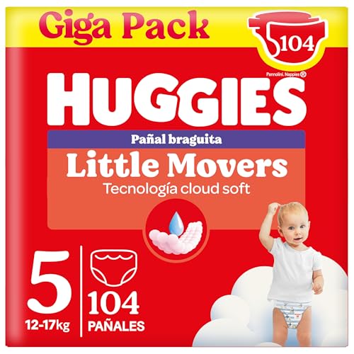 Huggies Little Movers Pañal Braguita para Bebé con Diseños Disney Talla 5 (15-25 kg), 2 Packs de 52, Total 104 Pañales