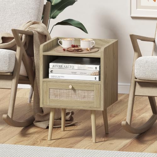Image of MECHYIN Night Stand with Charging Station & Rattan Decor Drawer, Boho Bedside End Table with Solid Wood Feet, Bed Side Table with Open Storage for Farmhouse Bedroom Living Room Dorm - Natural