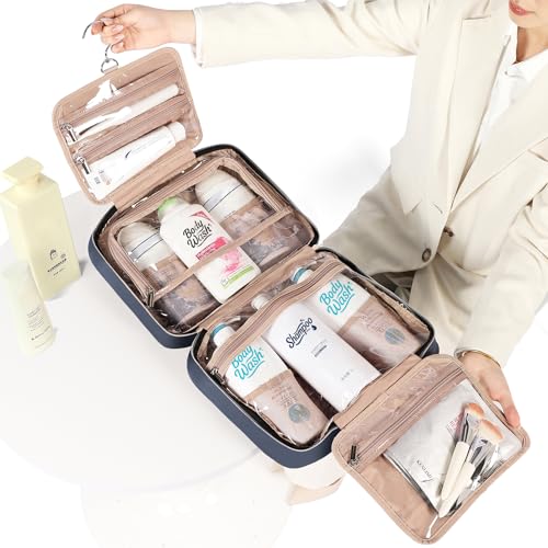 Image of NISHEL Travel Toiletry Bag for women, Portable Hanging Organizer for Family-Sized Shampoo, Conditioner, Brushes Set, Makeup Accessories, Extra Large Size, Aegean-Blue