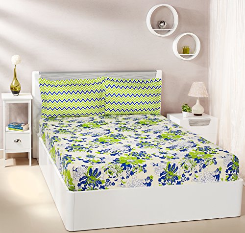 Image of Amazon Brand - Solimo Microfibre Reversible Comforter, Double (Sky Blue & Taupe Grey, 200 GSM) Floral Breeze 144 TC 100% Cotton Double Bedsheet with 2 Pillow Covers, Green