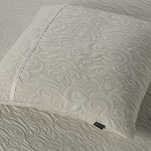 Sibiles - Colcha Piqué Blanca Cama 90, 105, 135, 150, 180 y 200 Dibujo Floral Delta 14 (Funda Cojín 50x50 cm, Crema)
