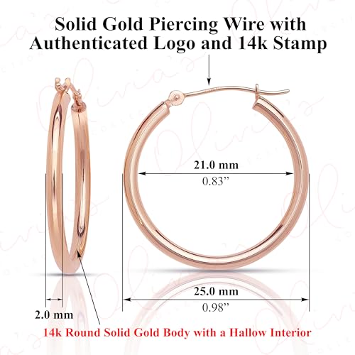 Olivia's Collection 14k Rose Gold Bright Polished Hoop Earrings (13-25x2.0mm), Piercing to Lobe, Upper-Lobe for a Woman, Man, or Teen2