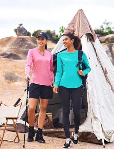 Pinspark Women'S Long Sleeve Workout Shirts Crew Neck Sports Yoga Running Dry Fit Tops Basic Loose Fit Side Split A_Turquoise Medium thumb #4