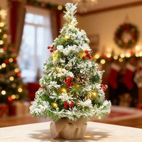 Mini Árbol de Navidad Artificial 55cm con Luces LED Cálidas, Piñas y Bayas Rojas, Decoración Navideña de Mesa para Hogar, Oficina y Regalos de Adviento