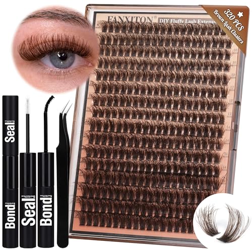 Image of Brown Lash Clusters 320 Pcs Lash Extension Kit DIY Eyelash Extensions Kit Natural Look Cluster Lashes D 8-16 MM Mixed Lash Bond and Seal Lash Tweezers for Lash Clusters Kit DIY at Home