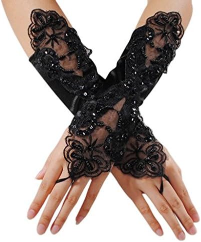 Edith qi Fingerless Pearls Lace Satin Bridal Gloves for Wedding Party Costume