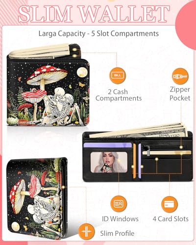 Bistup Girls Wallet Cute Leather Bifold Wallet Skull for Women Teen Girls Goth Horror Credit Card Cash Id Holder Rfid Blocking Mushroom Skeleton Bi Fold Small Wallets With Coin Pocket Slim Scary Cool4