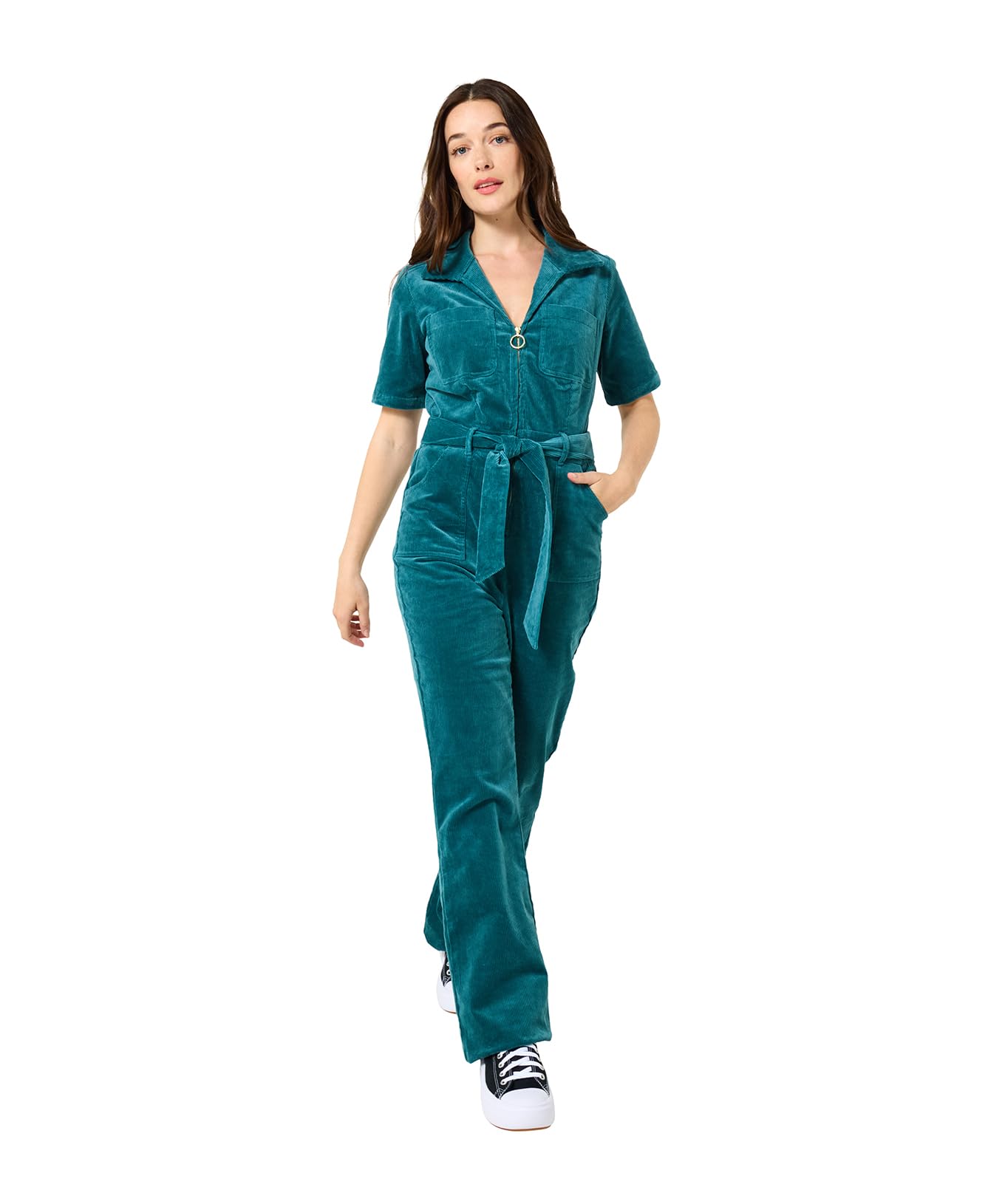 Joe Browns Women's Zip Front Belted Bootcut Cord Jumpsuit, Turquoise, 36 Pequeño