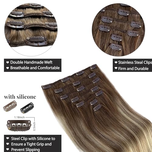 Image of Belaved Clip in Hair Extensions Real Human Hair, 16 Inch 70g 7pcs, Ash Brown & Bleach Blonde Balayage Seamless Invisable Extensions