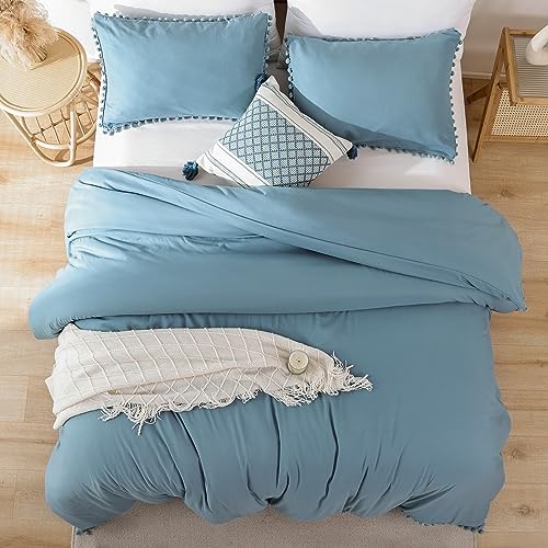 YIRDDEO King Size Comforter Set - King Size Comforter with Ball Pom Fringe, Soft King Bedding Set for All Seasons - 3 Pieces, 1 Comforter (104"x90"inches) & 2 Pillow Shams(20"x36"), Dusty Blue