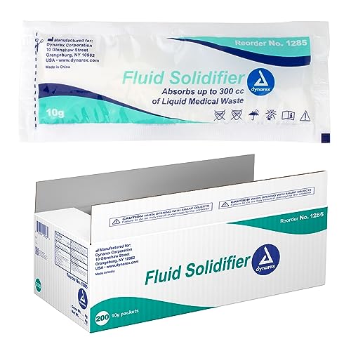 Image of Dynarex Fluid Solidifier Powder - Absorbent & Deodorizing Gelling Agent - Turns Up to 300cc Liquid Waste & Bodily Fluids Into Gel for Disposal - Zero Chlorine - Portable 10g Packets, Bulk 200-Count
