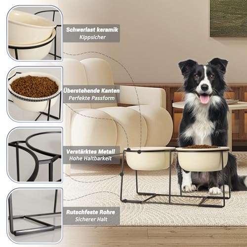 Hundenapf Set Erhöht Hundenäpfe Keramik - Doppel Fressnapf Hund Groß mit Rutschfestem Metallständer - Hunde Napfset für Futter Wasser - Ideal für Mittelgroße und Große Hunde - 2 x 1600 ml - Beige