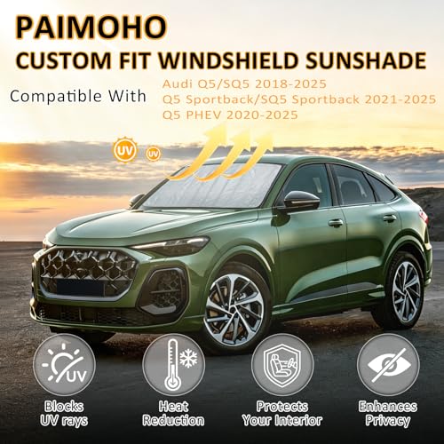 Image of Thickened Windshield Sun Shade for Audi Q5 /SQ5 2018-2025 | Accordion Front Window Sunshade Aluminum Reflective UV Protection Shield, Foldable Sun Visor with Storage Bag Car accessories