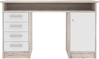 Forte NET 106 Schreibtisch 120 130, moderner Schreibtisch mit 4 Schubladen und 1 Tür, Computertisch, Home Office, Büro, Holzwerkstoff, Sandeiche Dekor/Weiß, 126 cm breit x 75,8 cm hoch x 55 cm tief