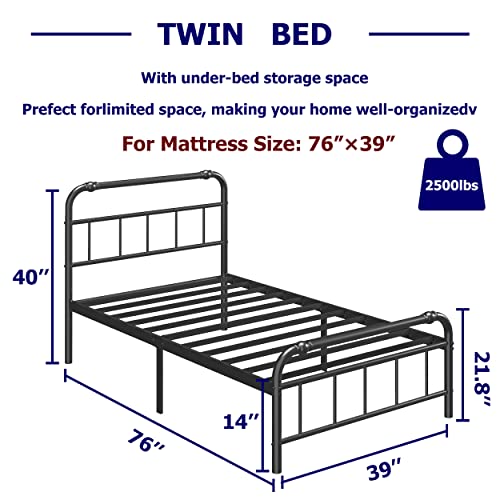 Uliesc Twin Size Metal Bed Frame With Headboard And Footboard, 14 Inch Iron-Art Bed Frame No Box Spring Needed, 2500Lbs Heavy Duty Strengthen Support Mattress Foundation, Maximum Storage #TOP2