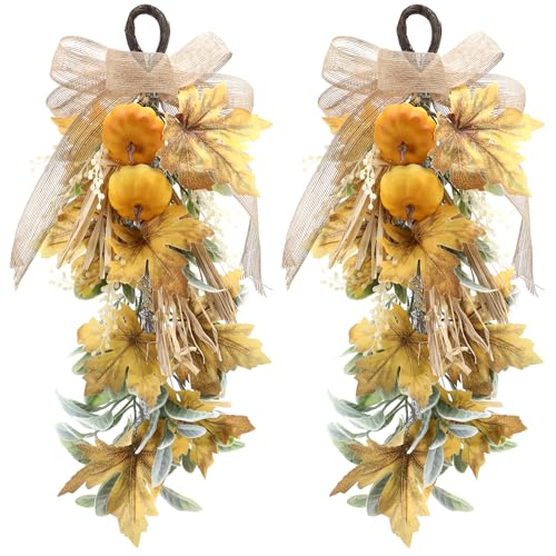 Suncalla 2 Pcs Fall Cream Pumpkin Swag 20'' Wreath for Front Door Thanksgiving Teardrop Garland with Maple Leaf Bow Floral Wall Hanging Garland for Window Porch Farmhouse Patio Garden Autumn Decor