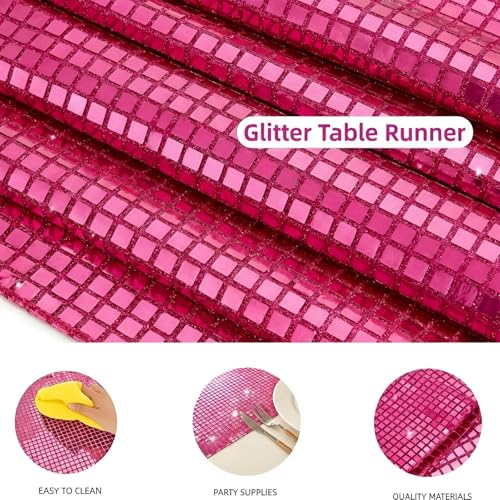 Easy Home Sequin Glitter Disco Table Runner for Wedding Birthday Bachelorette Valentine's Day 12 x 108 Inch Hot Pink Glitter Foil with 70s 80s Theme Party Decor 1 Pack — view 4