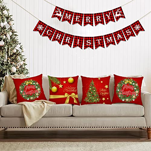 Set Of 4 Christmas Pillow Covers 20X20 Inch Merry Christmas Pillow Cases Christmas Velvet Throw Pillow Covers Gold Red Xmas Holiday Pillow Covers Outdoor Couch Sofa Cushion Covers For New Year(20) #TOP5