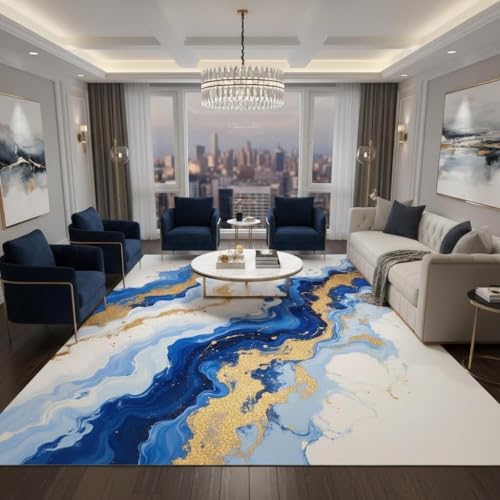 Royal Blue Gold Abstract Marble Rug