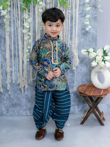 Image of BownBee Ethnic Wear Cotton Kurta Dhoti Traditional Dress Set for Baby Boys, Front Open with Dori Pattern, Full Sleeves, and Round neck, Ideal for All Festivals