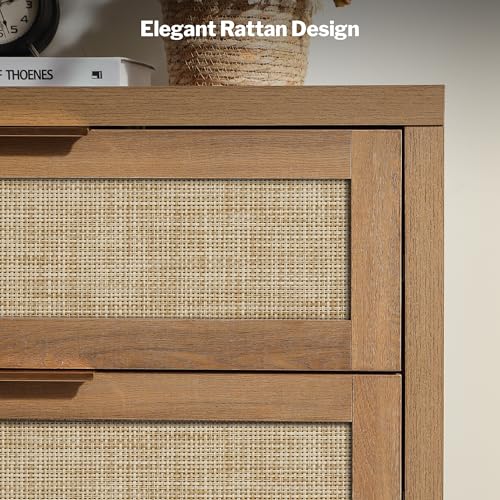 Image of SICOTAS Rattan Dresser for Bedroom, 57 inch Wide 6 Drawer Dresser with Ample Storage, Dressers Large Chest of Drawers, Closet, Boho TV Stand for Bedroom (Reclaimed Caramel Oak, 1 Piece)